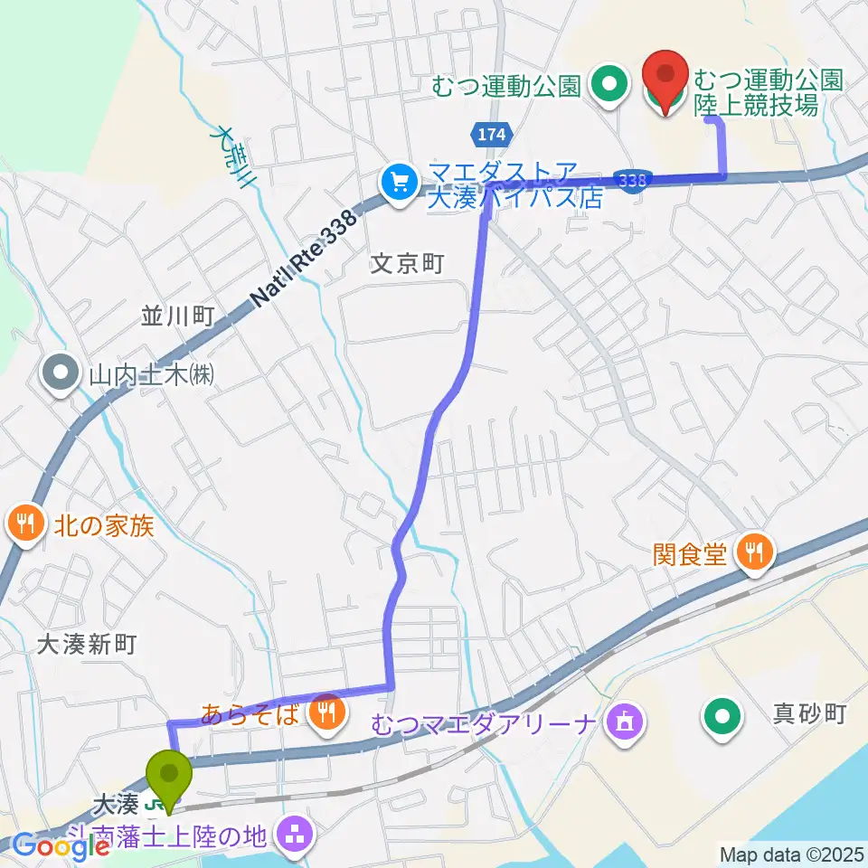 むつ運動公園陸上競技場の最寄駅大湊駅からの徒歩ルート（約28分）地図