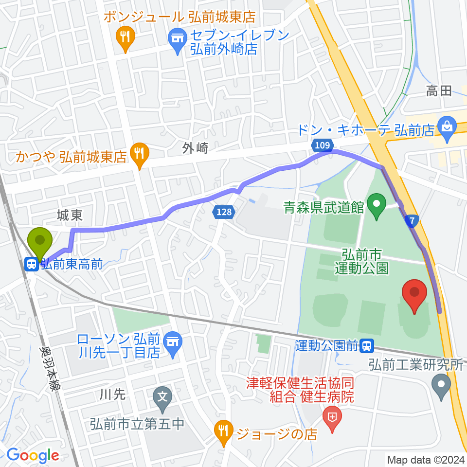 弘前東高前駅から弘前市運動公園陸上競技場へのルートマップ地図