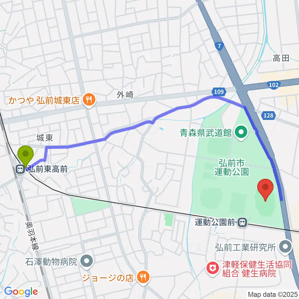 弘前東高前駅から弘前市運動公園陸上競技場へのルートマップ地図