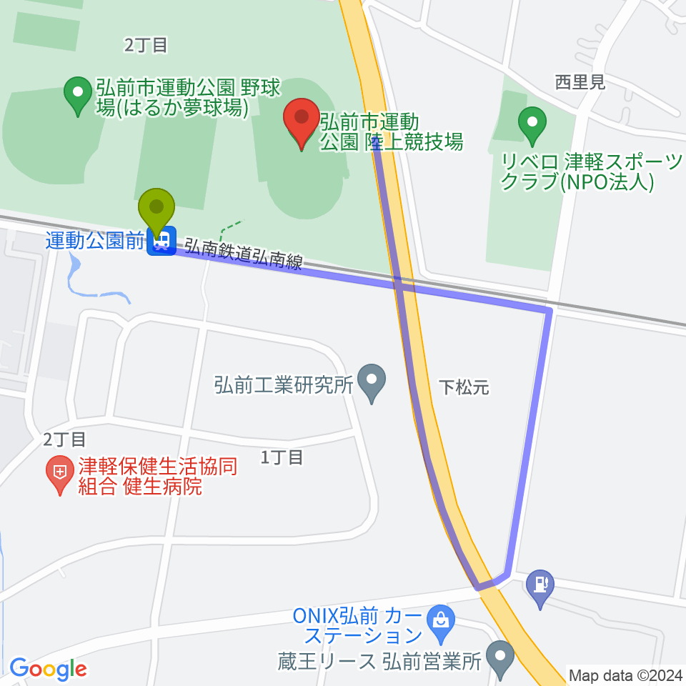 弘前市運動公園陸上競技場の最寄駅運動公園前駅からの徒歩ルート（約4分）地図