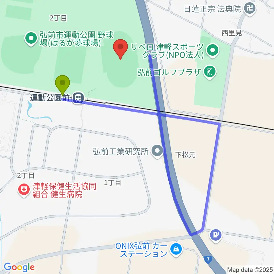 弘前市運動公園陸上競技場の最寄駅運動公園前駅からの徒歩ルート（約4分）地図