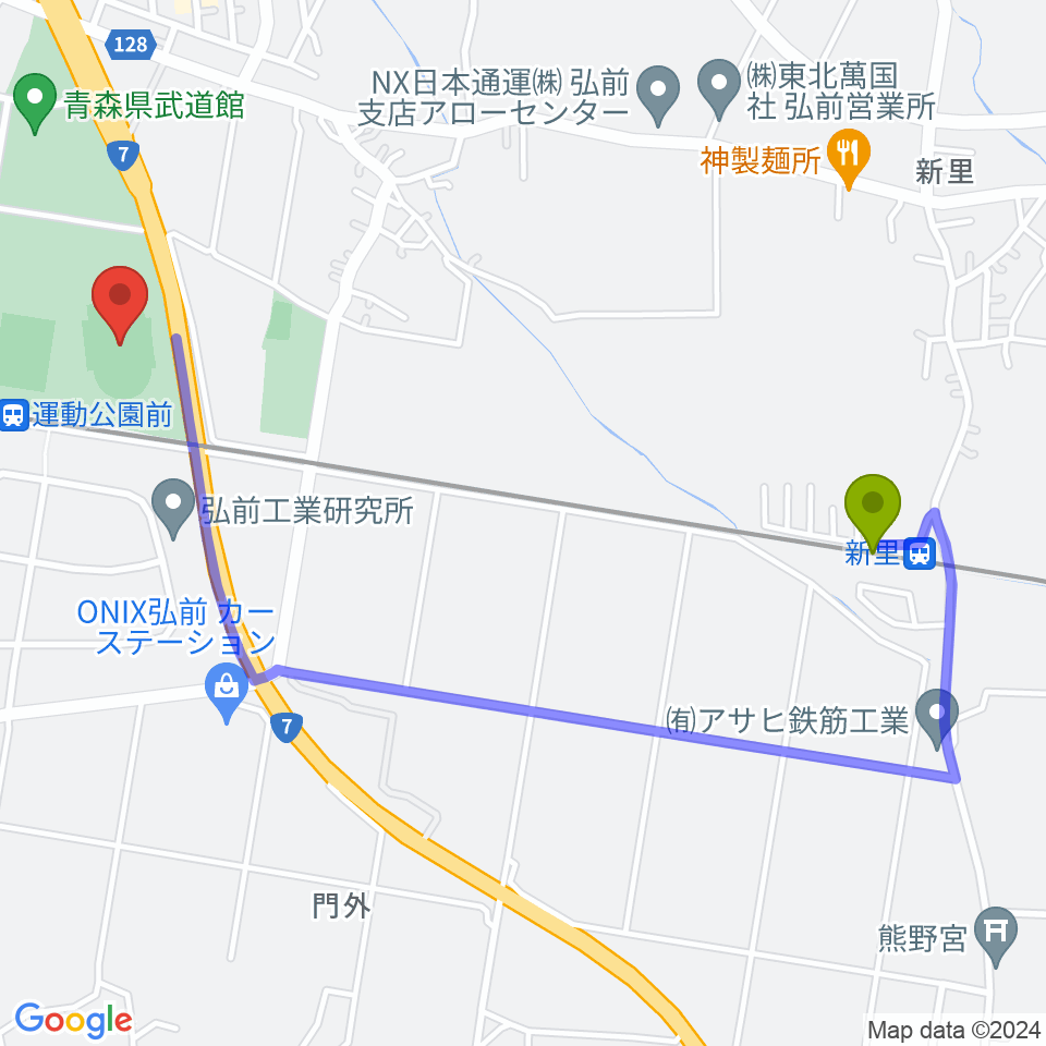 新里駅から弘前市運動公園陸上競技場へのルートマップ地図