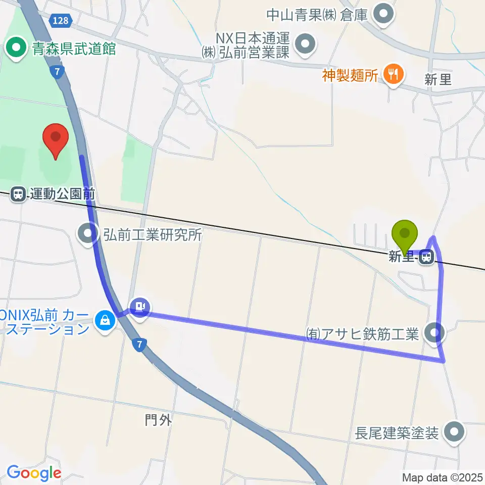 新里駅から弘前市運動公園陸上競技場へのルートマップ地図
