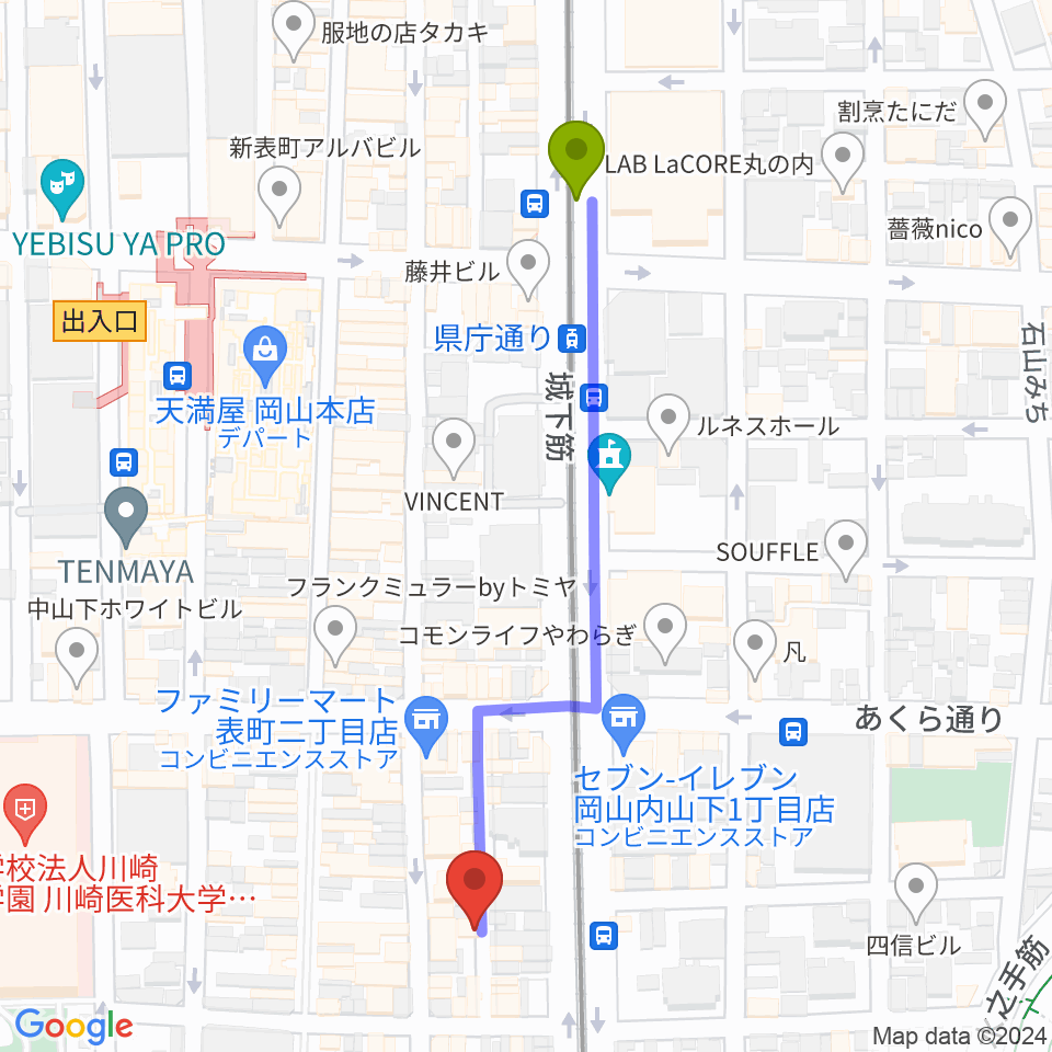 県庁通り駅からジャズ喫茶JORDANへのルートマップ地図