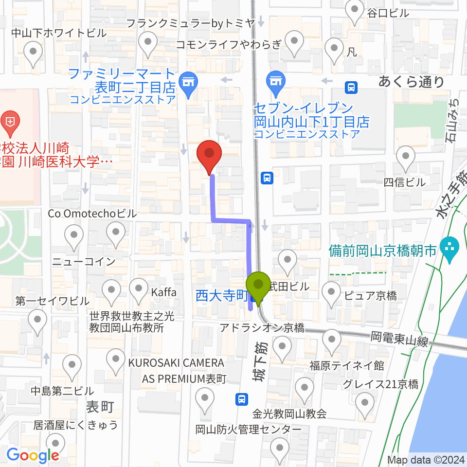 ジャズ喫茶JORDANの最寄駅西大寺町駅からの徒歩ルート（約2分）地図