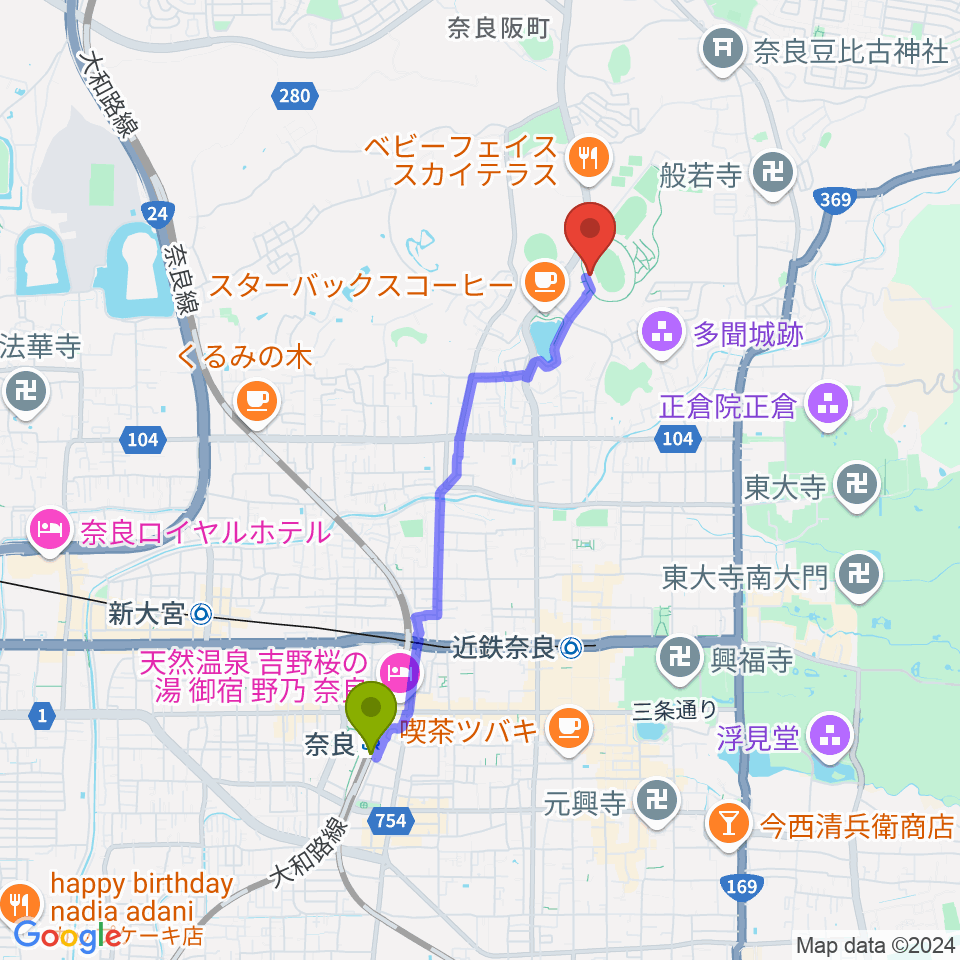 奈良駅からロートフィールド奈良へのルートマップ地図