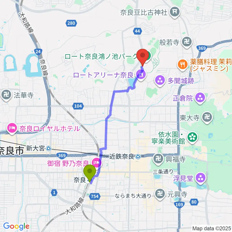 奈良駅からロートフィールド奈良へのルートマップ地図