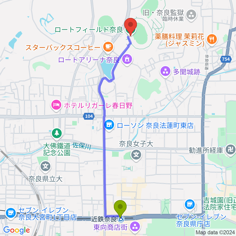 ロートフィールド奈良の最寄駅近鉄奈良駅からの徒歩ルート（約24分）地図