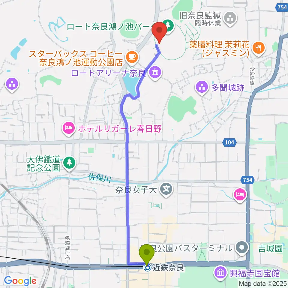 ロートフィールド奈良の最寄駅近鉄奈良駅からの徒歩ルート（約24分）地図