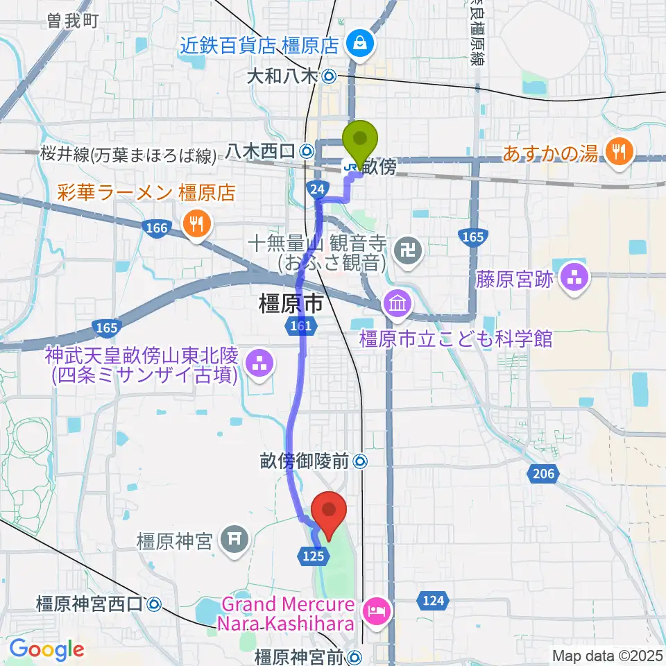 畝傍駅から橿原公苑陸上競技場へのルートマップ地図