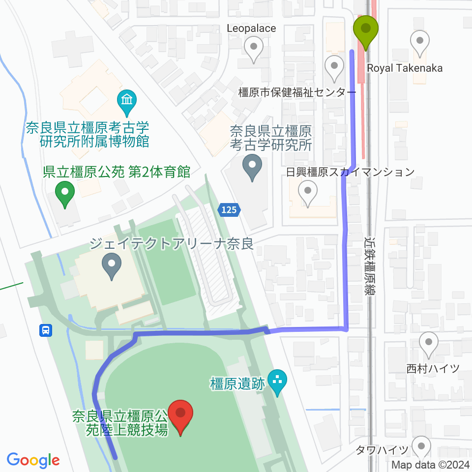 橿原公苑陸上競技場の最寄駅畝傍御陵前駅からの徒歩ルート（約7分）地図