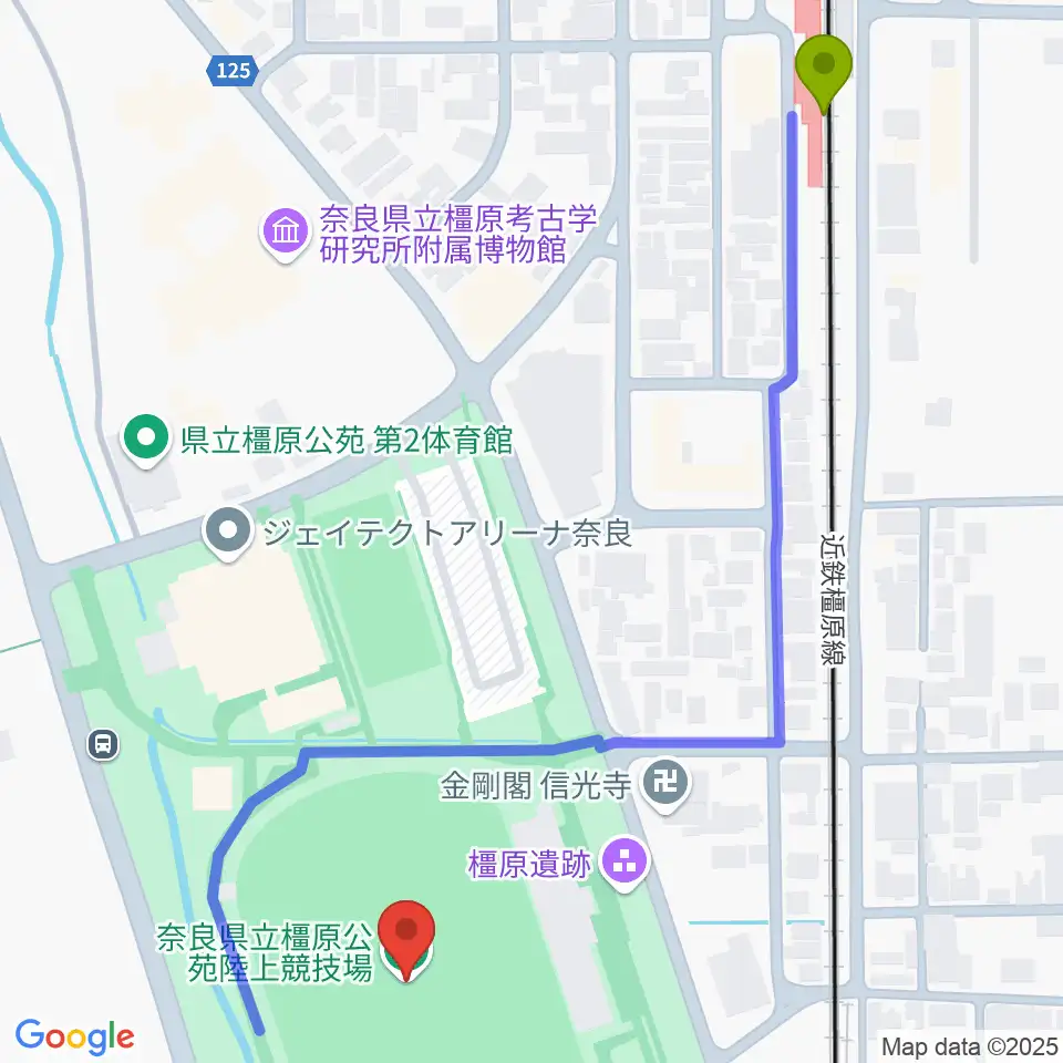 橿原公苑陸上競技場の最寄駅畝傍御陵前駅からの徒歩ルート（約7分）地図