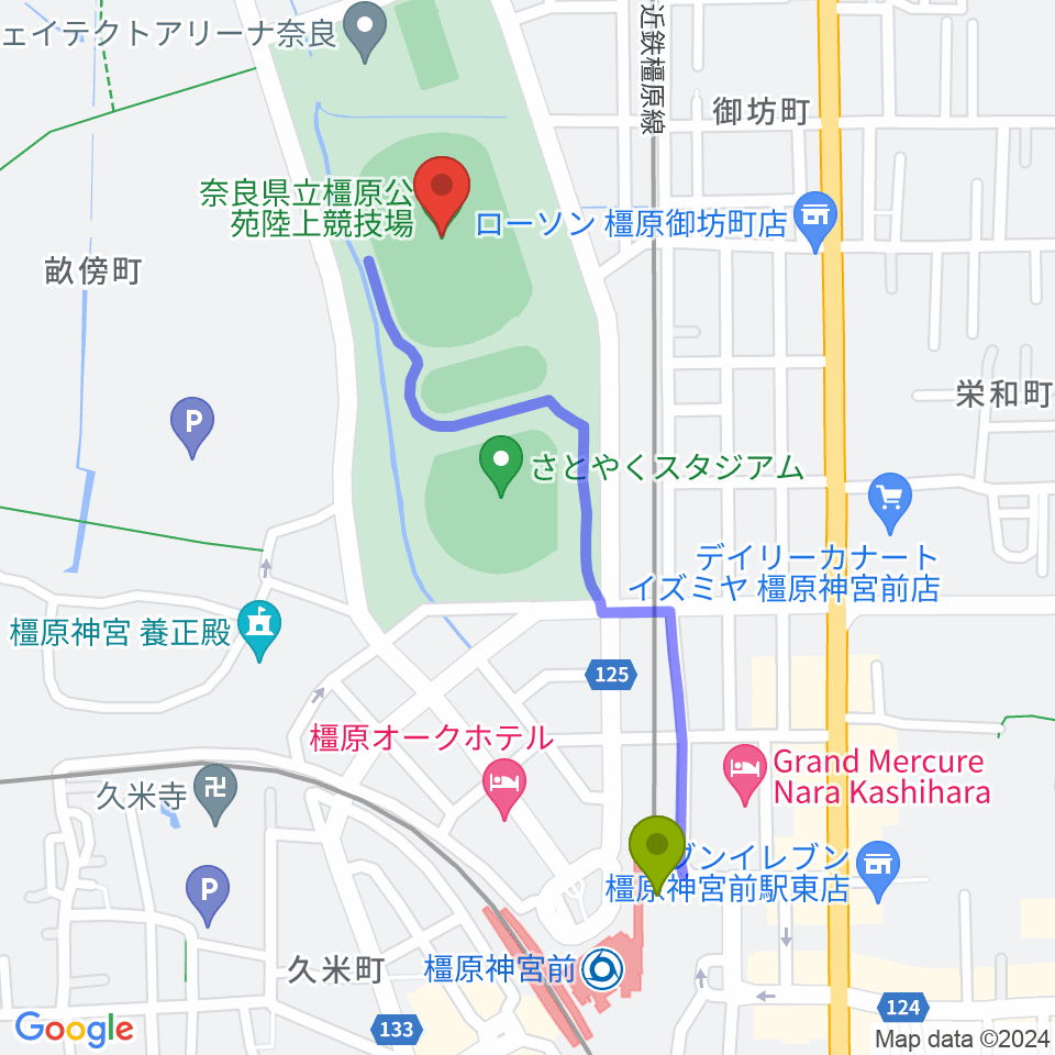 橿原神宮前駅から橿原公苑陸上競技場へのルートマップ地図