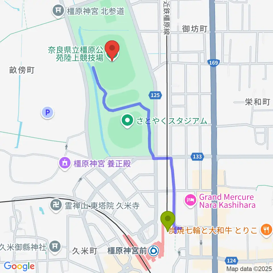 橿原神宮前駅から橿原公苑陸上競技場へのルートマップ地図