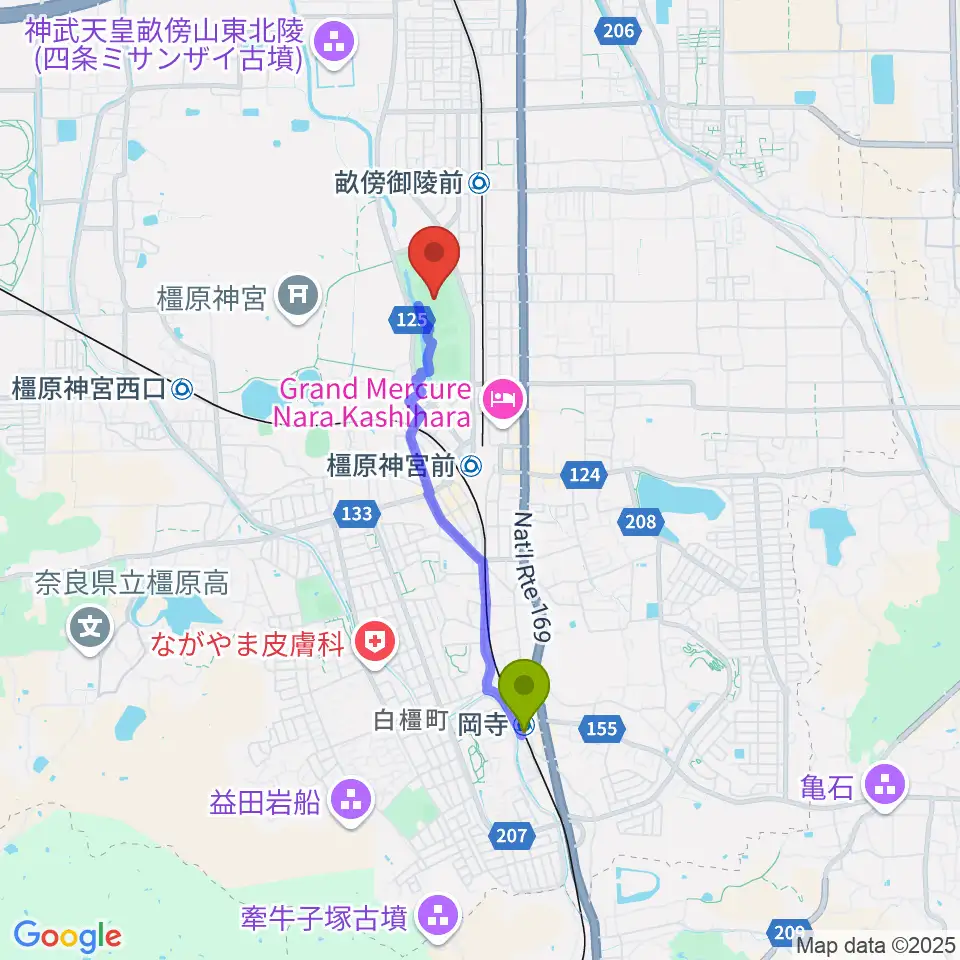 岡寺駅から橿原公苑陸上競技場へのルートマップ地図
