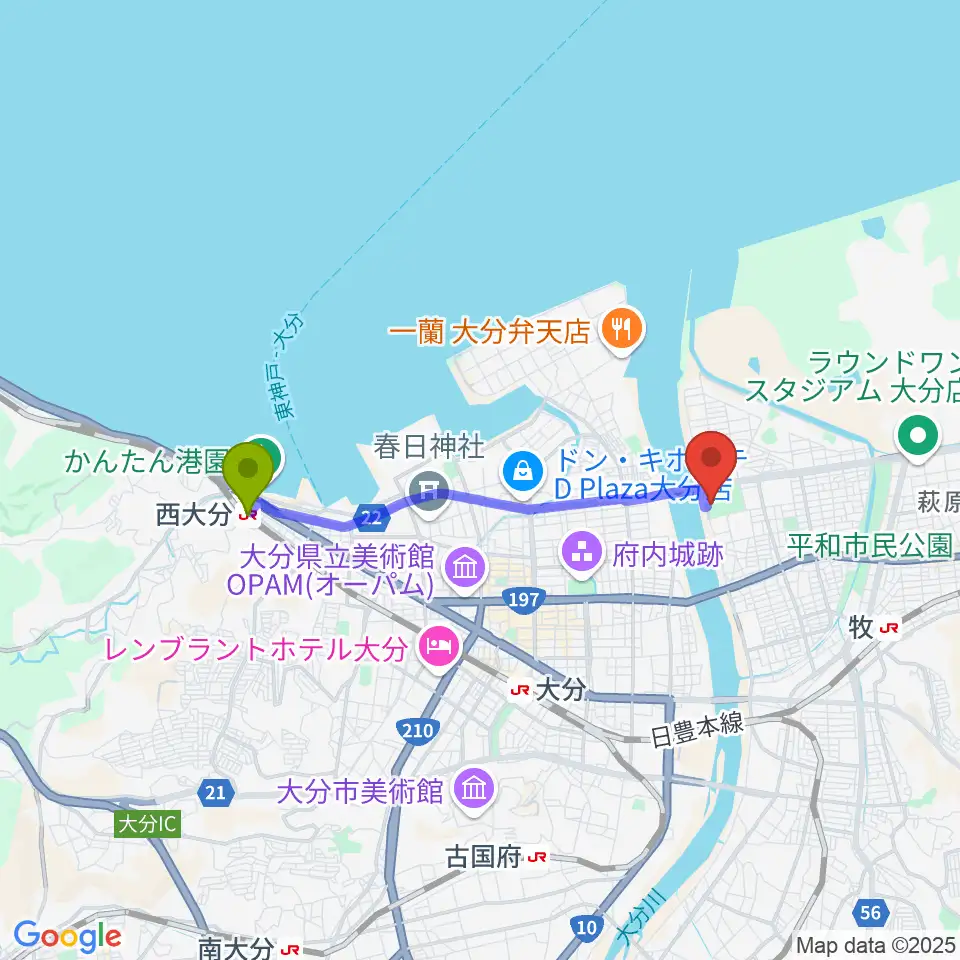 西大分駅からジェイリーススタジアムへのルートマップ地図