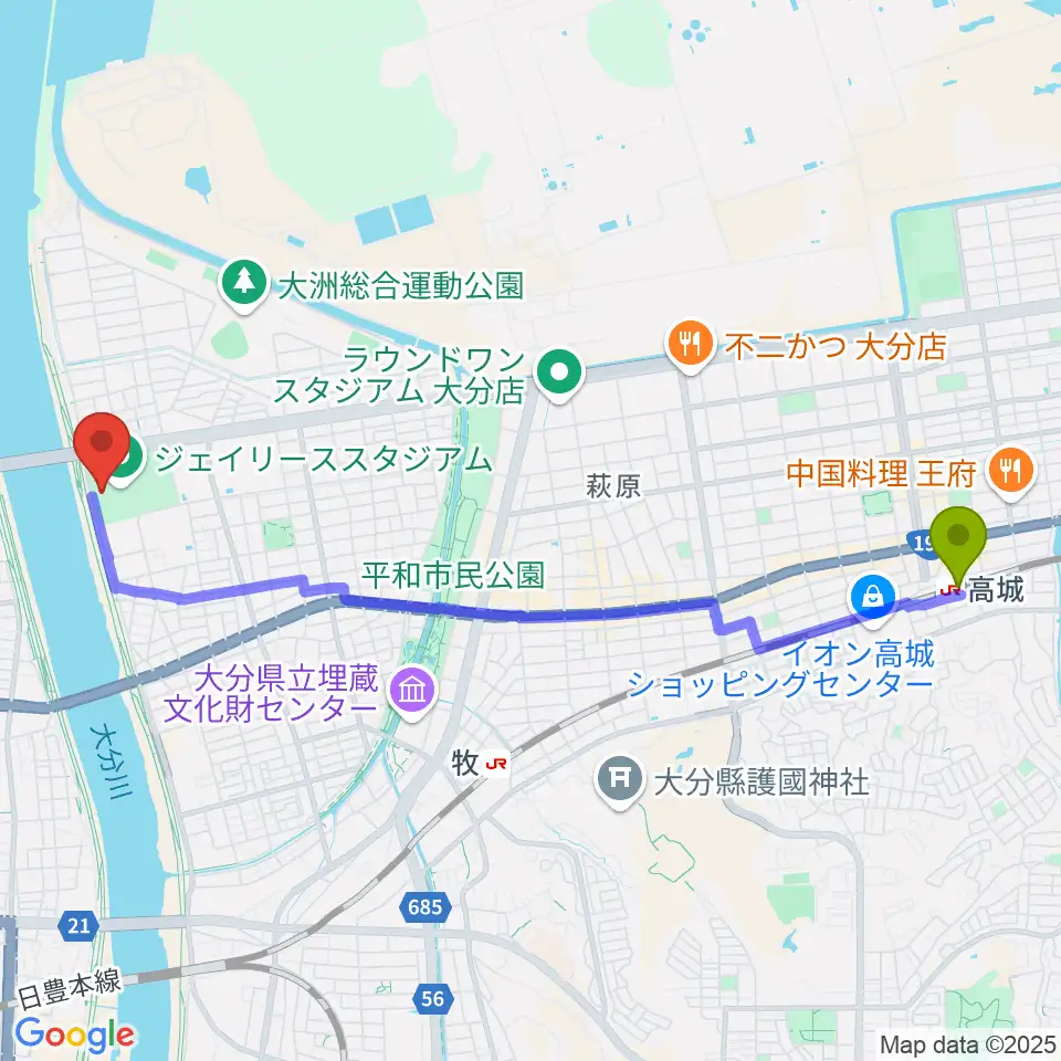 高城駅からジェイリーススタジアムへのルートマップ地図