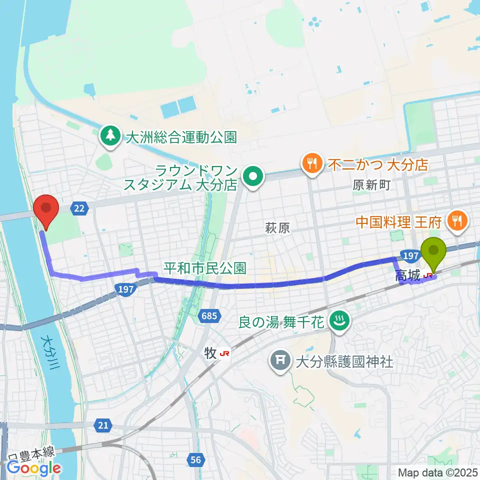 高城駅からジェイリーススタジアムへのルートマップ地図