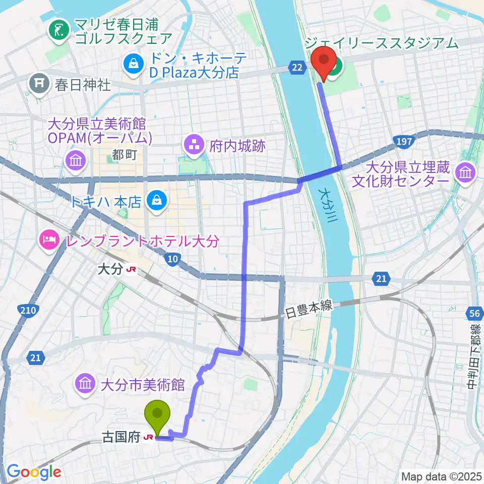 古国府駅からジェイリーススタジアムへのルートマップ地図