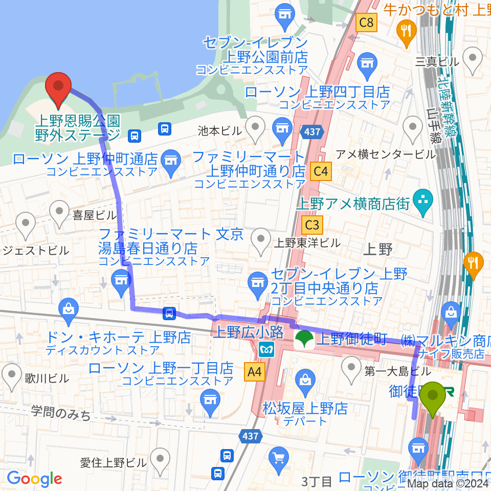 御徒町駅から上野恩賜公園野外ステージへのルートマップ地図