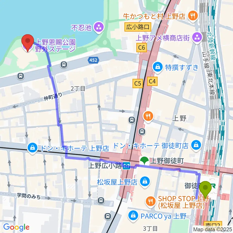 御徒町駅から上野恩賜公園野外ステージへのルートマップ地図