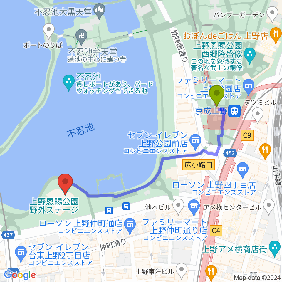 京成上野駅から上野恩賜公園野外ステージへのルートマップ地図