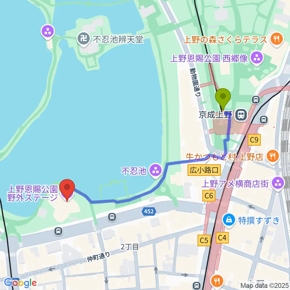 京成上野駅から上野恩賜公園野外ステージへのルートマップ地図