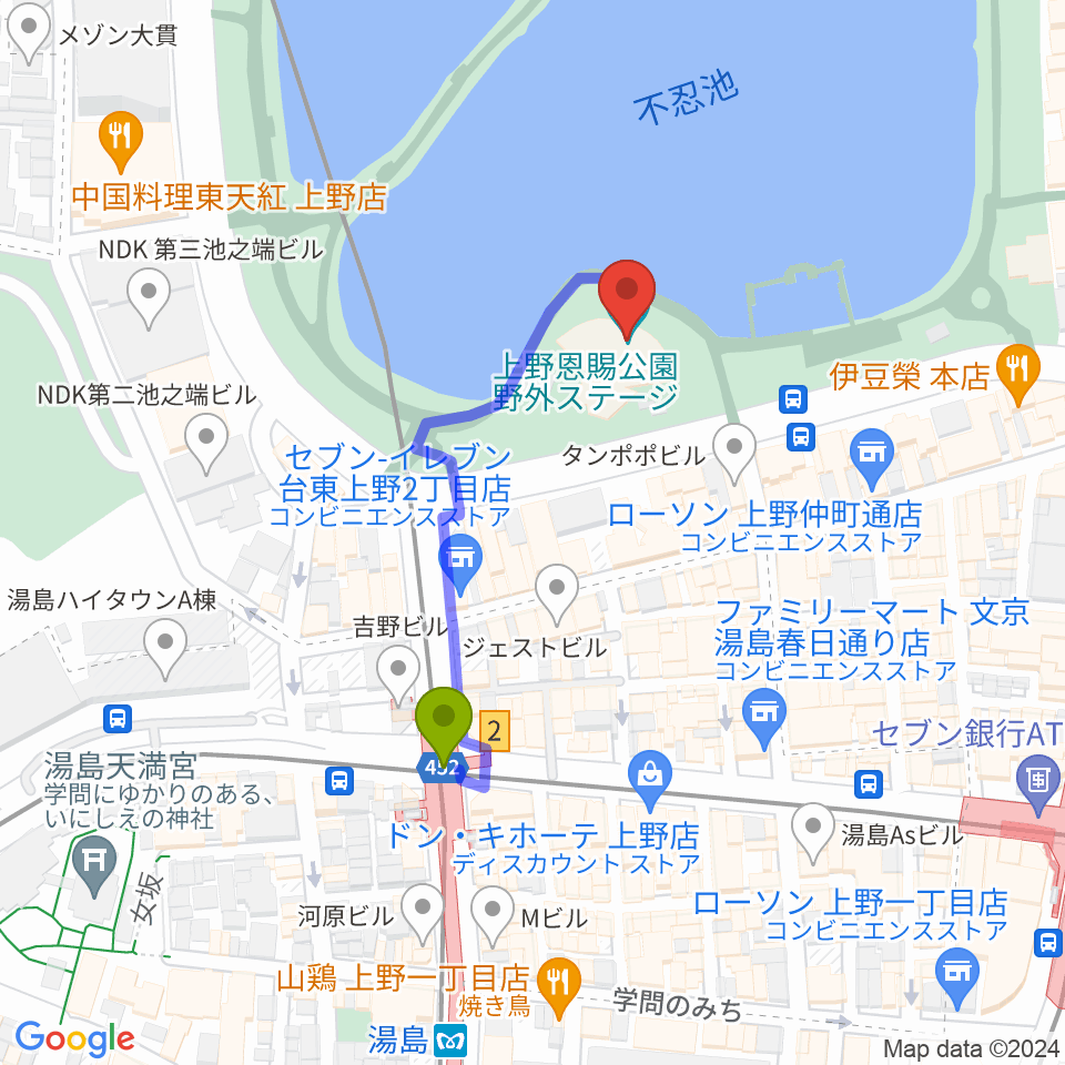 上野恩賜公園野外ステージの最寄駅湯島駅からの徒歩ルート（約3分）地図