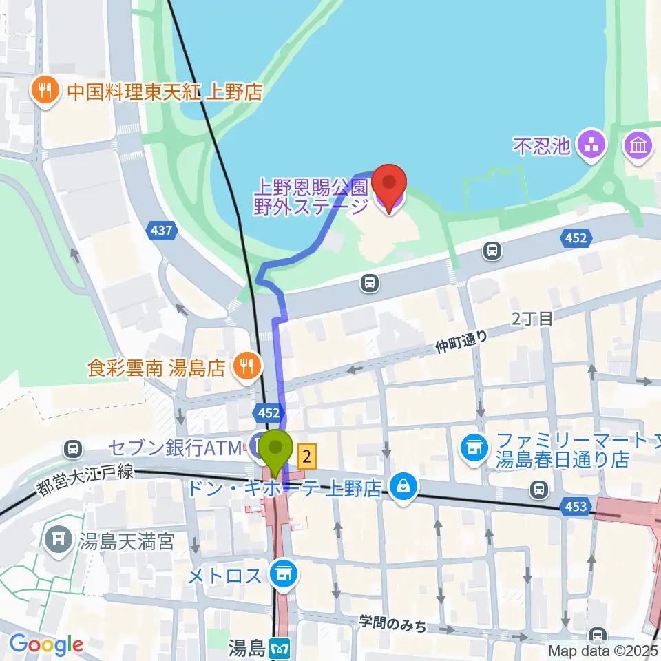 上野恩賜公園野外ステージの最寄駅湯島駅からの徒歩ルート（約3分）地図