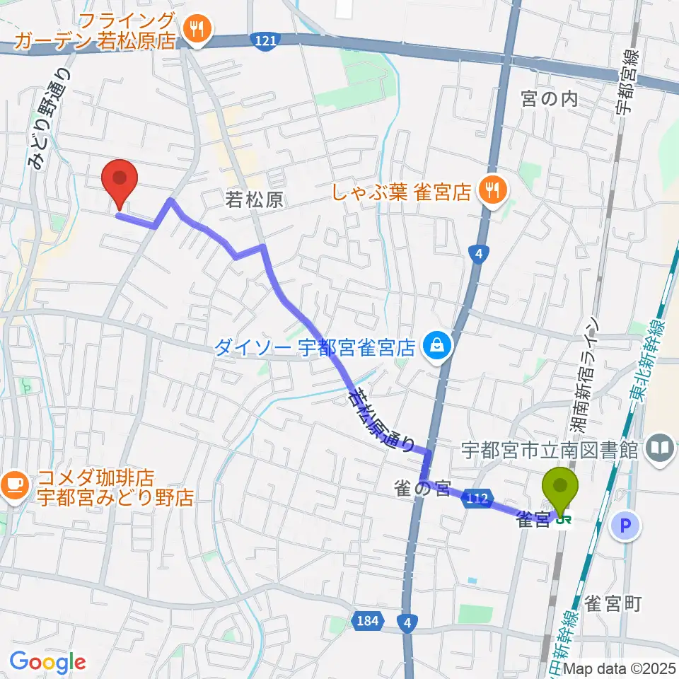 ピアノ教室ぷりまう″ぇーらの最寄駅雀宮駅からの徒歩ルート（約24分）地図
