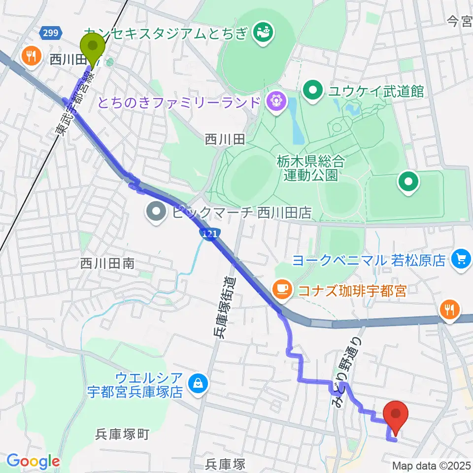 西川田駅からピアノ教室ぷりまう″ぇーらへのルートマップ地図