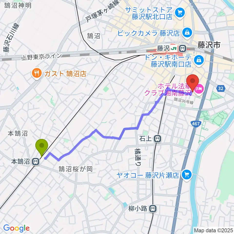 本鵠沼駅から太陽ぬ荘スタジオへのルートマップ地図