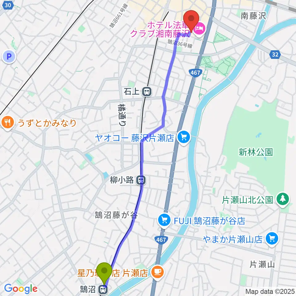 鵠沼駅から太陽ぬ荘スタジオへのルートマップ地図