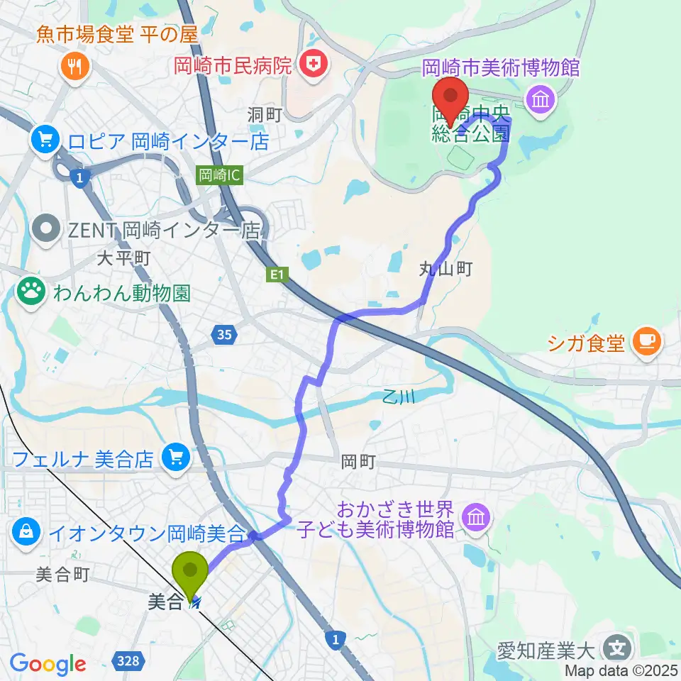 美合駅から岡崎中央総合公園総合体育館へのルートマップ地図