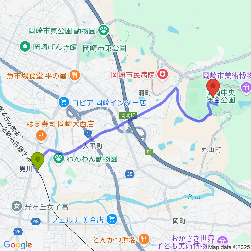 岡崎中央総合公園総合体育館の最寄駅男川駅からの徒歩ルート（約47分）地図