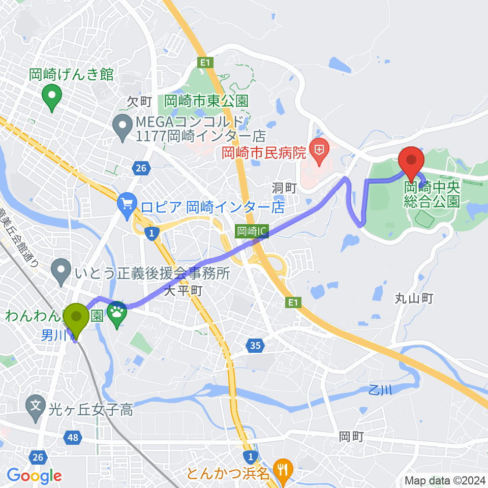 岡崎中央総合公園 武道館の最寄駅男川駅からの徒歩ルート（約47分）地図