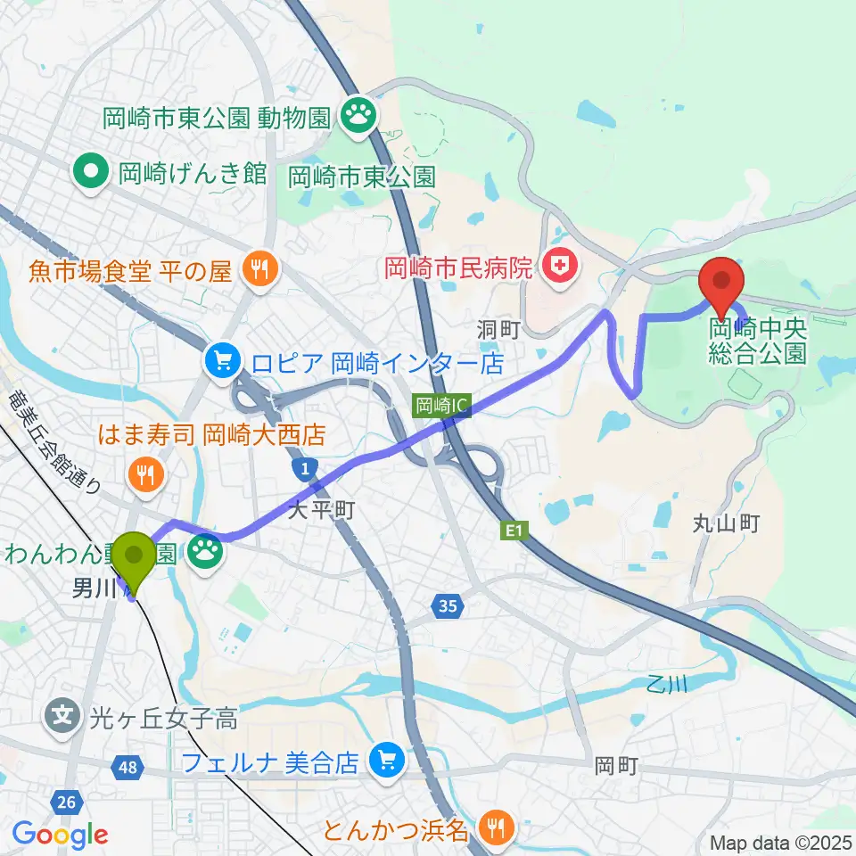 岡崎中央総合公園 武道館の最寄駅男川駅からの徒歩ルート（約47分）地図