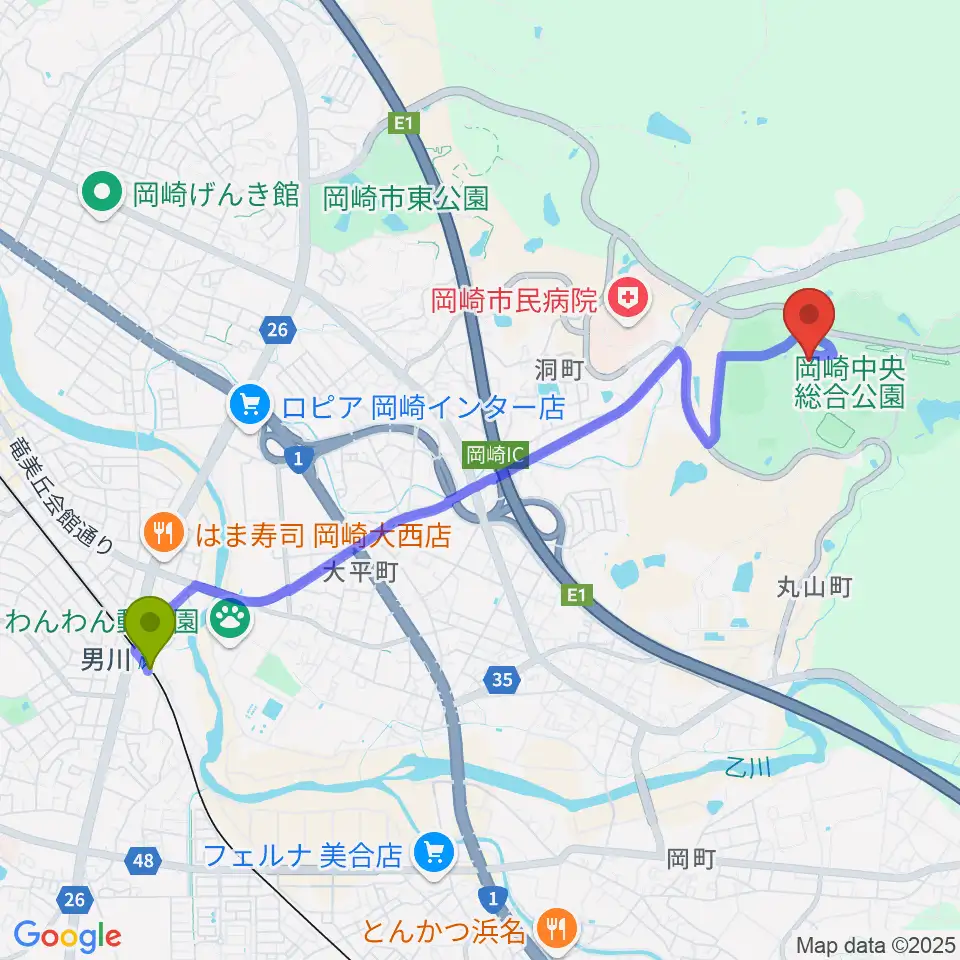 岡崎中央総合公園 武道館の最寄駅男川駅からの徒歩ルート（約47分）地図