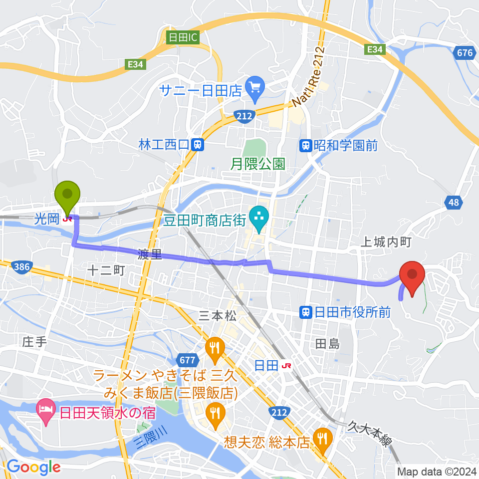 光岡駅から日田市陸上競技場へのルートマップ地図
