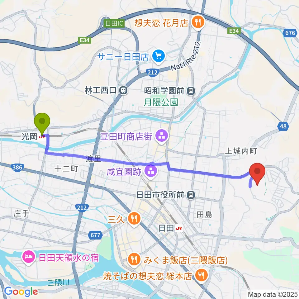 光岡駅から日田市陸上競技場へのルートマップ地図