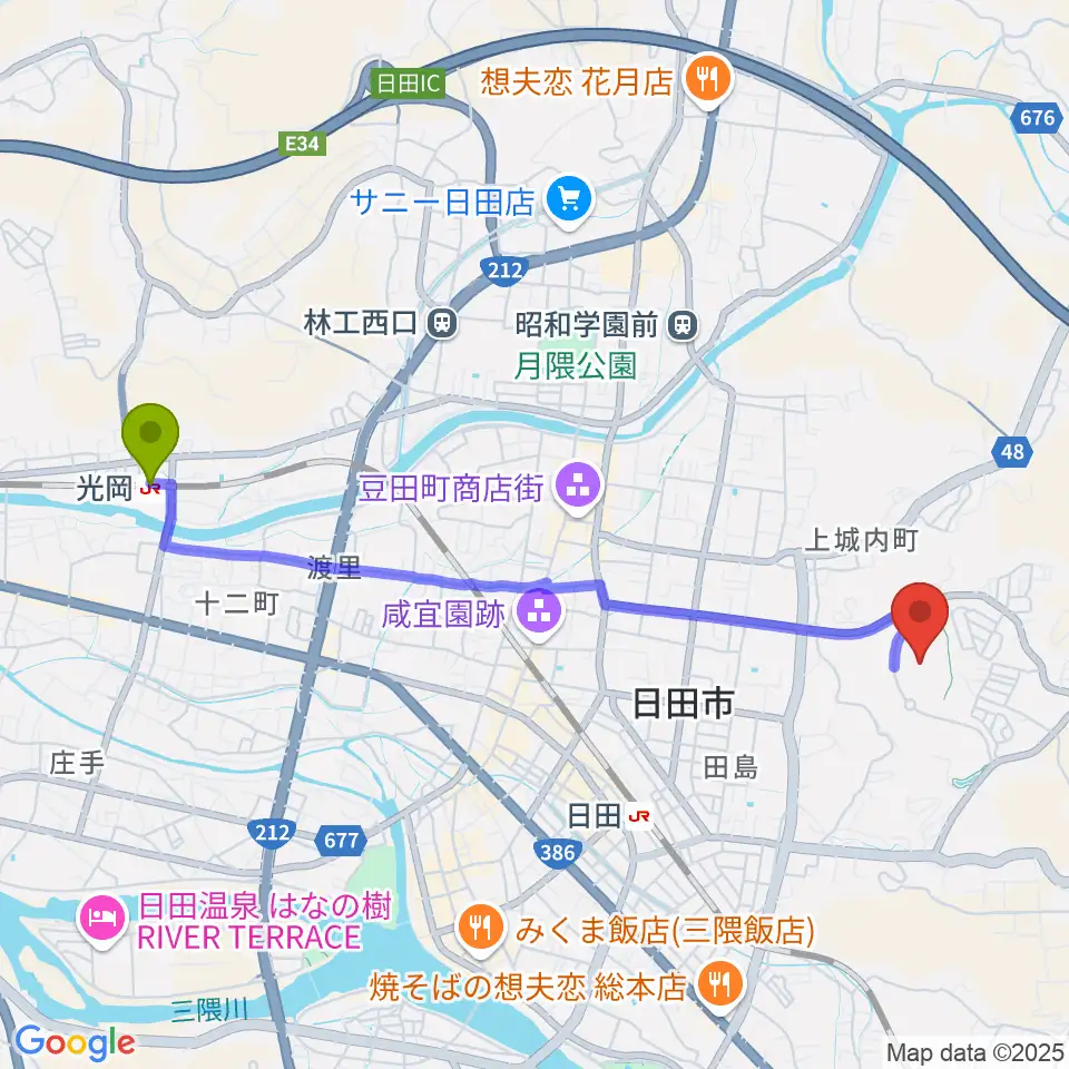 光岡駅から日田市陸上競技場へのルートマップ地図