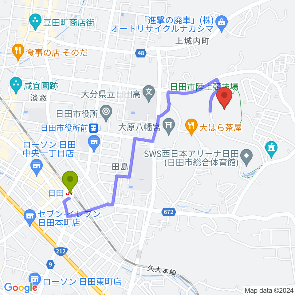 日田市陸上競技場の最寄駅日田駅からの徒歩ルート（約19分）地図