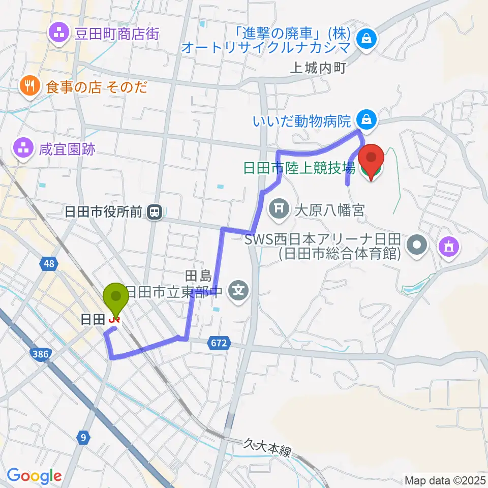 日田市陸上競技場の最寄駅日田駅からの徒歩ルート（約19分）地図