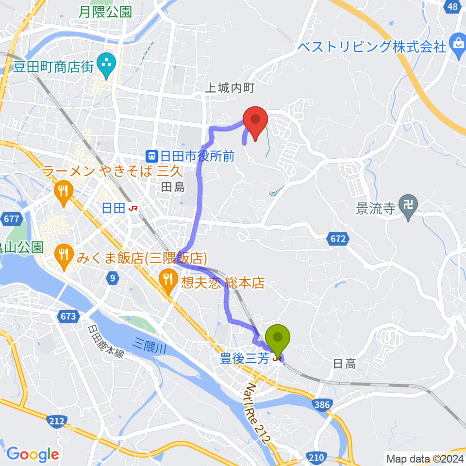 豊後三芳駅から日田市陸上競技場へのルートマップ地図