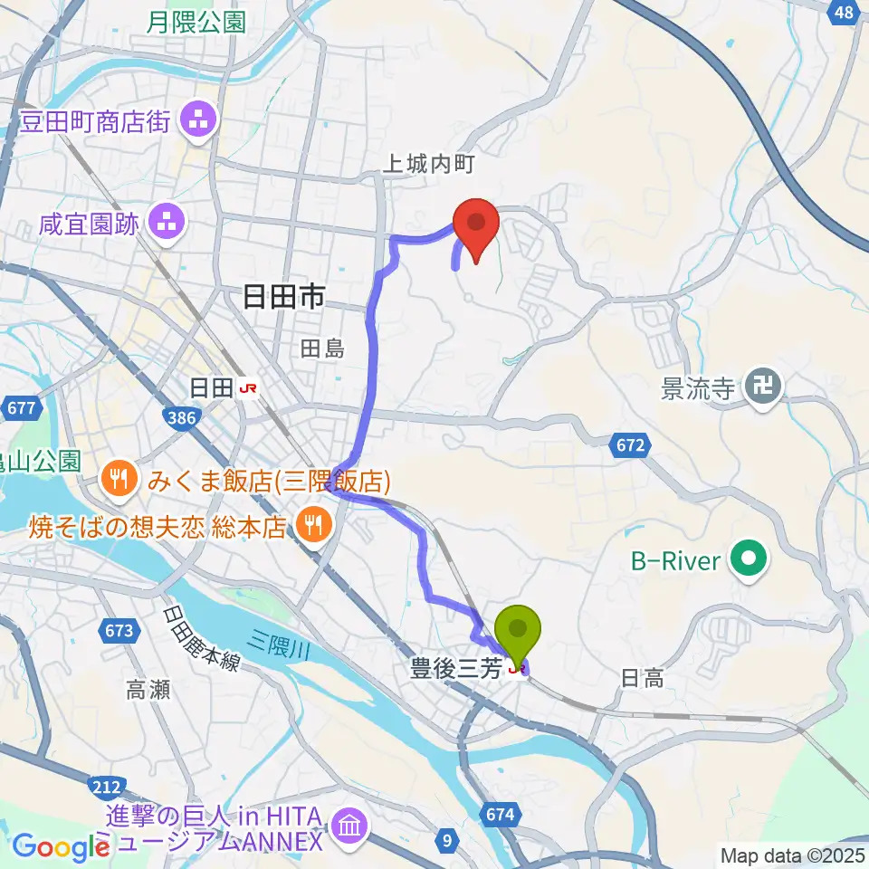 豊後三芳駅から日田市陸上競技場へのルートマップ地図