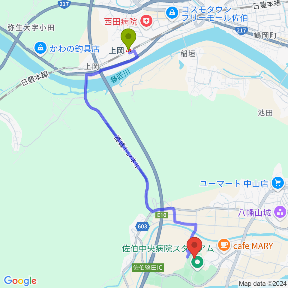 佐伯中央病院陸上競技場の最寄駅上岡駅からの徒歩ルート（約49分）地図