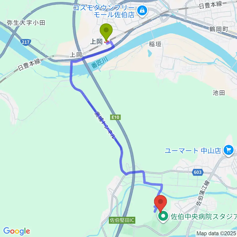 佐伯中央病院陸上競技場の最寄駅上岡駅からの徒歩ルート（約49分）地図