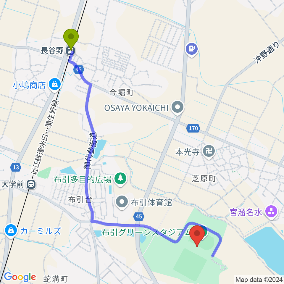 長谷野駅から布引グリーンスタジアムへのルートマップ地図