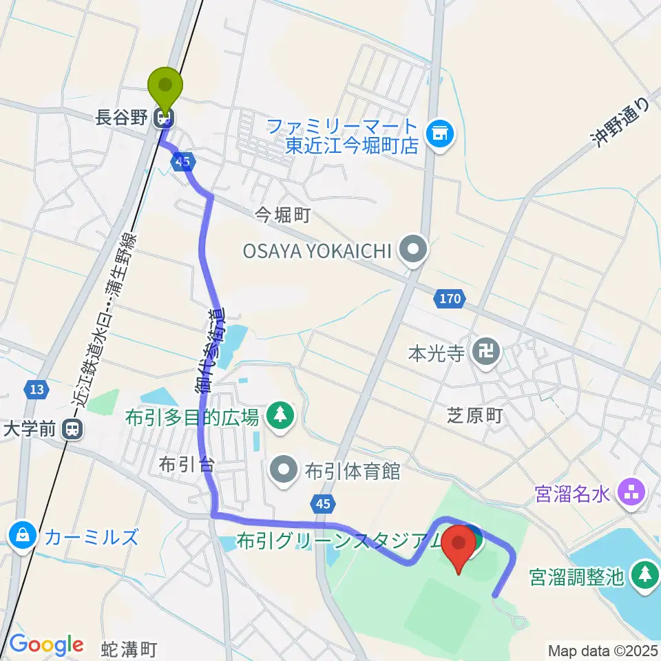 長谷野駅から布引グリーンスタジアムへのルートマップ地図