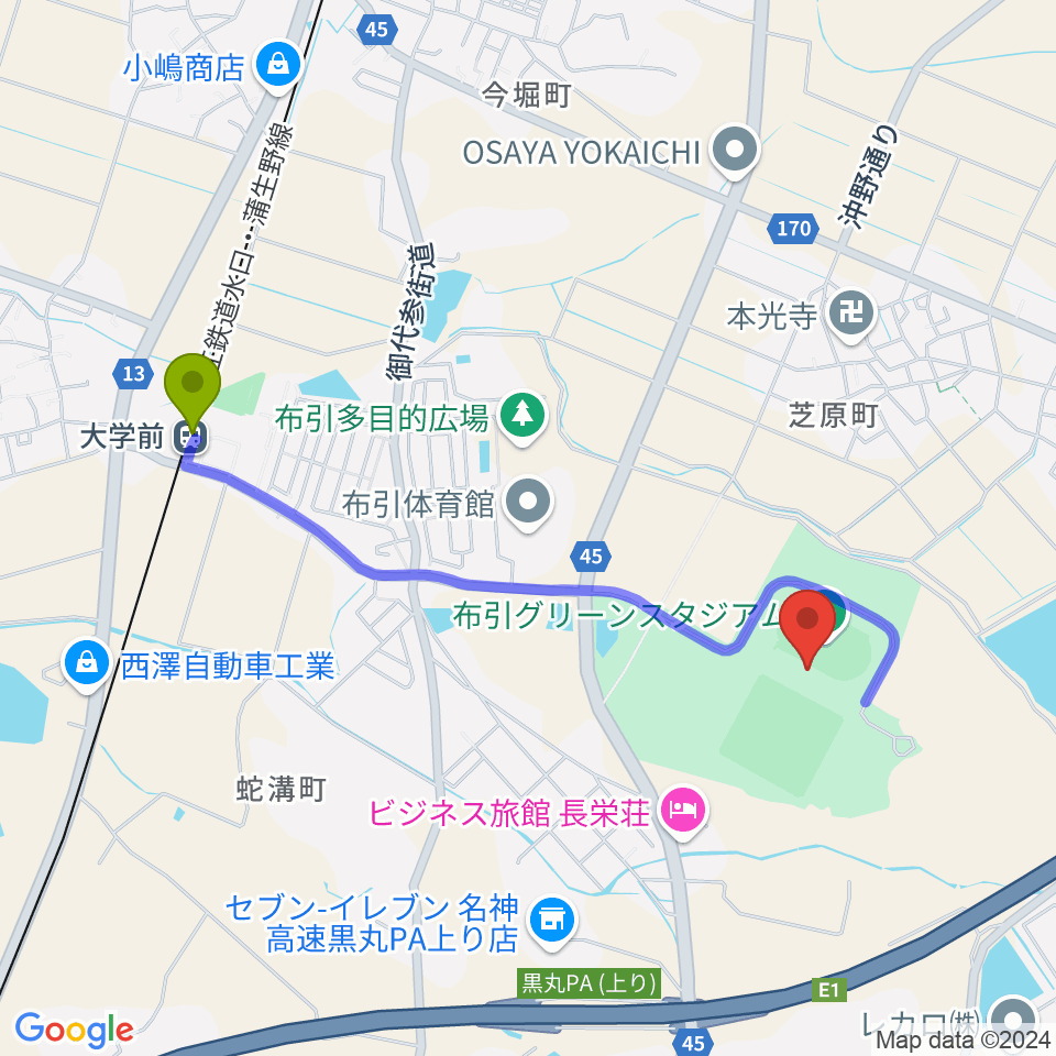 布引グリーンスタジアムの最寄駅大学前駅からの徒歩ルート（約20分）地図